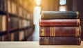 Stack of antique leather books in library. literature or reading concept, copy space