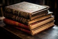 A stack of antique leather-bound journals