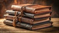 A stack of antique leather-bound journals with tied closures on rustic wooden surface. Generative AI Royalty Free Stock Photo