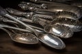 stack of antique silver spoons, each one different Royalty Free Stock Photo