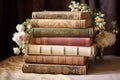 Stack of antique vintage old books, reading in old library and education, generative ai Royalty Free Stock Photo