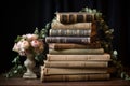 Stack of antique vintage old books, reading in old library and education, generative ai Royalty Free Stock Photo