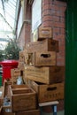 Stack of antique wooden boxes at the atmospheric Tynemouth Market