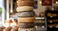 Stack of assorted bagels with various toppings in a bakery Royalty Free Stock Photo