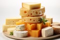 Stack of assorted cheese on a wooden board on white background Royalty Free Stock Photo
