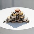 Stack of assorted coins forms a small pyramid on a white circular surface Royalty Free Stock Photo