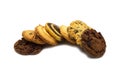 Stack of assorted cookies. Chocolate chip, oatmeal, raisin, Danish cookies and biscuits in the shape of a spiral pattern isolated