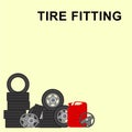 Stack of automobile wheels, tires and petrol canister with steering wheel. Tire fitting concept