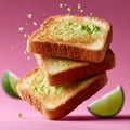 Stack of avocado toast slices with lime on pink background Royalty Free Stock Photo