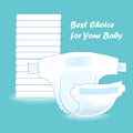 Stack of baby diapers and the open diaper in front. Absorbent diaper. Realistic vector illustration for kids production