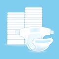 Stack of baby diapers and the open diaper in front. Absorbent diaper. Realistic vector illustration for kids production Royalty Free Stock Photo