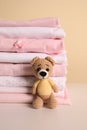 Stack of baby girl`s clothes and toy bear on white table Royalty Free Stock Photo