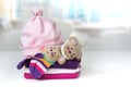 Stack baby infant newborn clothes background. Royalty Free Stock Photo