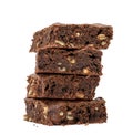 Stack of baked square brownie chocolate chip pie with walnuts on a white background Royalty Free Stock Photo
