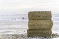 Stack of bales of hay on farm field in winter Royalty Free Stock Photo