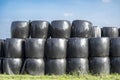 Stack of bales of hay, piled up, wrapped in black plastic, on green grass Royalty Free Stock Photo