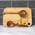 stack of bamboo chopping boards and teak hardwood spoons