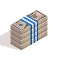 Stack of bank packages of fifty dollar bills, bundle of US banknotes, pile of cash, paper money. The concept of