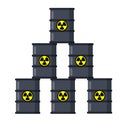 Stack of Barrel of radioactive fuel. Dangerous object. Problems of ecology and irradiation