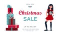 A stack of beautiful gifts for the new year s sale and black Friday. Young girl with black hair in stylish clothes with