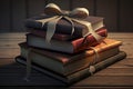 A stack of beautifully wrapped craft paper books, tied with ribbon and decorated with cotton, on a wooden table. Concept of