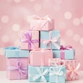 A stack of beautifully wrapped gift boxes in pastel colors, featuring pink, blue, and flo Royalty Free Stock Photo