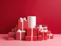 A stack of beautifully wrapped gift boxes in various shades of red and white, adorned with ribbons. Royalty Free Stock Photo