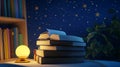 Stack of bedtime storybooks next to nightlight. Royalty Free Stock Photo