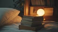 Stack of bedtime storybooks next to nightlight. Royalty Free Stock Photo