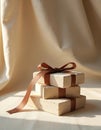 Stack of beige bricks tied with brown ribbon. Minimalist still life art with soft light. Elegant decor element for design project Royalty Free Stock Photo