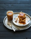 Stack of Belgian soft waffles with salted caramel