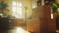 stack of big boxes in the almost empty living room, house moving concept Royalty Free Stock Photo