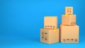 Stack of big and small cardboard boxes with yellow tape. Delivery or relocation concept. Minimalist simple 3D render. Royalty Free Stock Photo