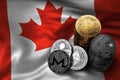 Stack of Bitcoin coins on Canadian flag. Situation of Bitcoin and other cryptocurrencies in Canada Royalty Free Stock Photo