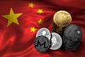 Stack of Bitcoin coins on Chinese flag. Situation of Bitcoin and other cryptocurrencies in China