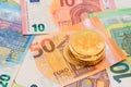 A Stack of Bitcoin Coins on the Euro Banknotes Royalty Free Stock Photo