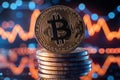 A stack of Bitcoin coins shines on a reflective surface, surrounded by vibrant cryptocurrency graphs that glow, illustrating the Royalty Free Stock Photo