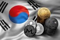 Stack of Bitcoin coins on South Korean flag. Situation of Bitcoin and other cryptocurrencies in South Korea