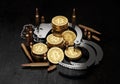 Stack of Bitcoin in open handcuffs and bullets. Bitcoin as a form of payment for illegal goods and services Royalty Free Stock Photo