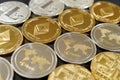 Stack of bitcoin, ripple, etherum and litecoin coins. Virtual currency concept. Royalty Free Stock Photo