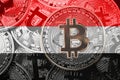 Stack of Bitcoin Yemen flag. Bitcoin cryptocurrencies concept. B