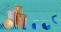 Stack of bitcoins over financial data processing against green background. Royalty Free Stock Photo