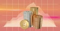 Stack of bitcoins over grid lines against orange background. Royalty Free Stock Photo