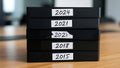 A stack of black binders labeled with different years on a wooden desk Royalty Free Stock Photo