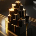 A stack of black gift boxes adorned with golden ribbons arranged in a pyramid shape. The boxes vary Royalty Free Stock Photo