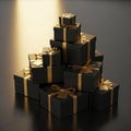 A stack of black gift boxes adorned with shiny gold ribbons are arranged on a surface. The boxes Royalty Free Stock Photo