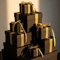 A stack of black gift boxes adorned with shiny gold ribbons. The boxes ar Royalty Free Stock Photo