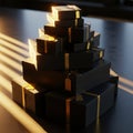 A stack of black gift boxes with golden ribbons sits on a dark surface, illuminated by slanted Royalty Free Stock Photo