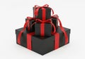 Stack of black gift boxes with red ribbons Royalty Free Stock Photo