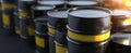 The stack of black and yellow industrial barrels in a storage area.AI generated image Royalty Free Stock Photo